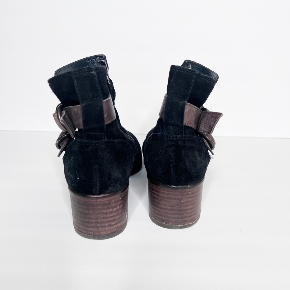 Paul Green Black Suede Brown Leather Buckles Size 7.5 Women’s Heeled Ankle Boots - Picture 3 of 6